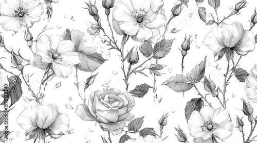 Seamless floral sketch pattern with elegant hand-drawn roses and buds