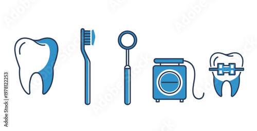 Dental health icons tooth tools and orthodontic appliances