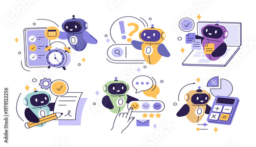 Purple robots assist with tasks. They handle data, checklists, and calculations. Each robot shows focus or curiosity. Bright colors add playful energy. Perfect for tech, education, or business themes
