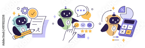 Three cartoon robots perform different tasks with tools and documents. Each robot shows focus, efficiency, and collaboration. Perfect for illustrating AI, automation, or digital assistance
