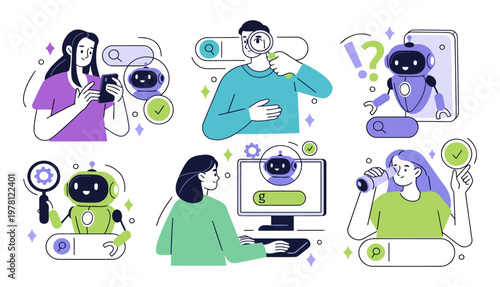 People interact with robots, exploring tech and solving problems. Bright colors and simple lines show curiosity and trust. Each person engages differently with their robot companion