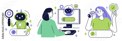 Three figures engage with tech in a stylized, colorful setting. Robot assists with glowing, circular tools. Person types at a screen, focused and productive. Another holds a device