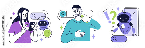 Woman holds phone, smiling while chatting with a robot companion. Man searches with magnifying glass, exploring digital solutions. Robot poses with question marks, offering helpful AI assistance