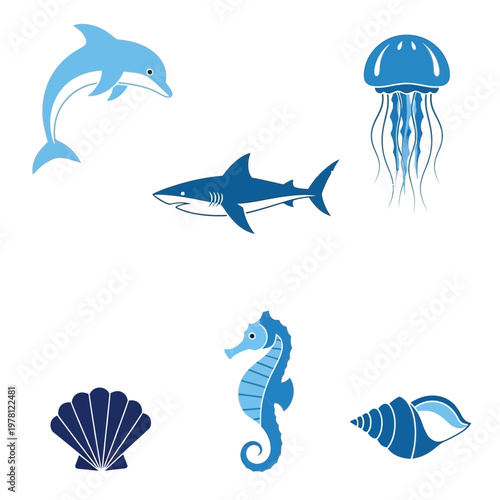 Marine life illustration dolphins jellyfish sharks seahorses and shells