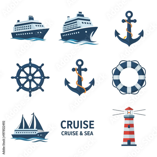 Nautical icons and cruise elements ships anchors and lighthouse illustration