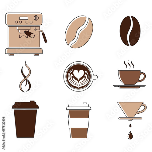 Coffee elements collection espresso machine beans latte art and brewing methods
