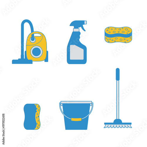 Colorful cleaning supplies illustration vacuum sprays bucket and more