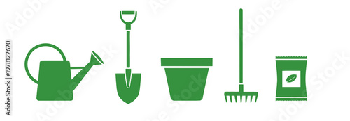 Gardening tools collection a green icon set for horticulture and landscaping