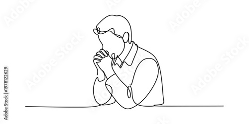 A continuous line drawing of a thoughtful man with his hands clasped together in contemplation. Vector, illustration