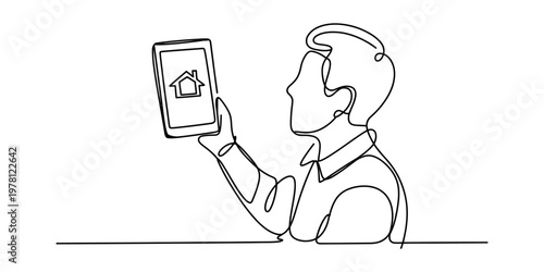 A continuous line drawing of a person using a tablet to control their smart home automation system. Vector, illustration