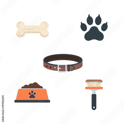 Pet supplies collection bone paw print collar food and brush