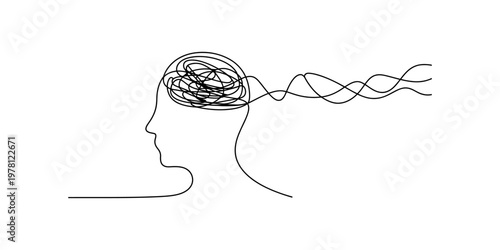 Minimalist line art illustration of a human head silhouette with a chaotic tangled thought process Vector, illustration