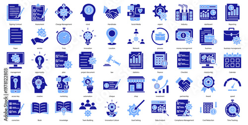 Business Management icon collection set. Containing Signing Contract, Assessment, Change Management, mind, Handshake, Social Media, expert icon