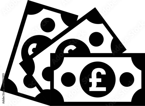 Black pound sterling cashflow icon vector design with overlapping banknotes for finance, wealth, business, economic transactions, savings, investment, and financial growth graphics