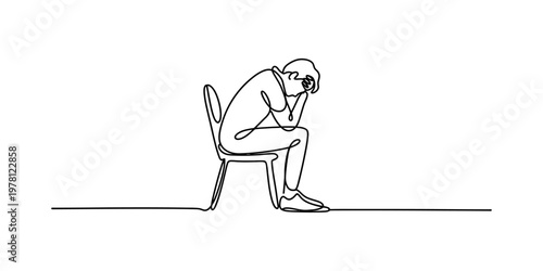 A single continuous line drawing of a person sitting on a chair looking sad and deeply distressed. Vector, illustration