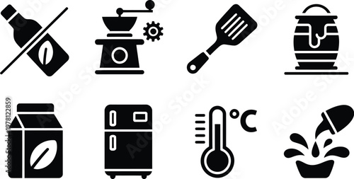 Food and Drink Processing Icons Set, Industrial Production and Manufacturing Symbols for Beverage, Dairy, Bakery and Food Factory Operations, Vector Illustration for Packaging, UI and Branding