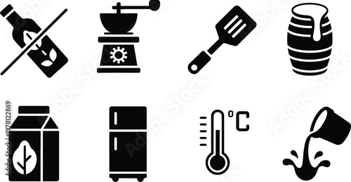 Food and Drink Processing Icons Set, Industrial Production and Manufacturing Symbols for Beverage, Dairy, Bakery and Food Factory Operations, Vector Illustration for Packaging, UI and Branding