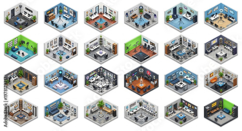Isometric office rooms with furniture and decor.