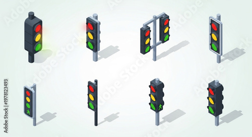 Collection of Isometric Traffic Lights with Different Designs.