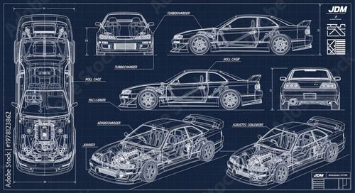 Detailed blueprint schematics of a sports car.
