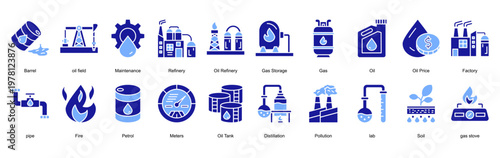 Oil and Gas Industry icon collection set. Containing Barrel, oil field, Maintenance, Refinery, Oil Refinery, Gas Storage, Gas, Oil icon