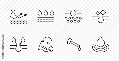Skincare set icon. Sun protection, hydration layers, cleansing pores, shine effect, moisture absorption, facial care routine, cosmetic treatment