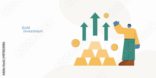 Flat style illustration of a person standing next to stacked gold bars with upward arrows and floating coins, representing gold investment, wealth growth and financial success concept.