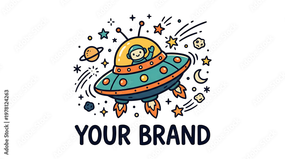 Fototapeta premium Vibrant cartoon UFO soars through celestial scene with stars and planets