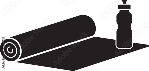 Yoga mat, water bottle, fitness icon, exercise equipment, wellness symbol isolated on Transparent Background