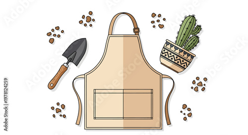 Flat lay vector illustration of gardening essentials an apron, trowel, and potted cactus with scattered soil, ideal for home plant care and hobbyist concepts