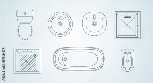 Collection of bathroom fixtures in a simple line drawing style.