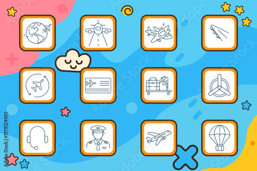 Air travel set icon. Globe airplane, runway landing, crash impact, flying jet, rotation arrow plane, boarding pass, luggage cart, propeller, headset, pilot, parachute.