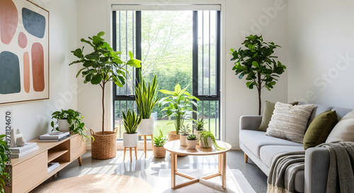 Bright and cozy living room filled with various indoor plants and natural sunlight