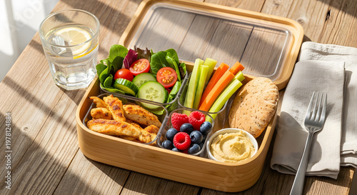 Nutritious meal prep in a wooden bento box featuring grilled chicken fresh vegetables berries pita bread and hummus dip