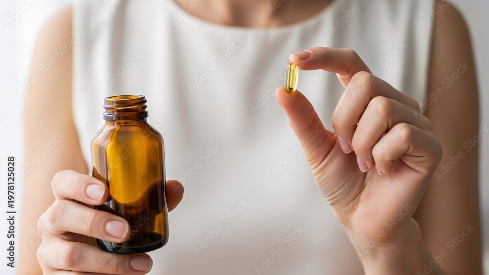 Fototapeta premium Close-up of person holding a small amber glass bottle and capsule pill in hand for medication or supplement intake health care treatment and wellness