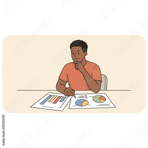 A man sitting at a desk analyzing colorful charts and graphs.