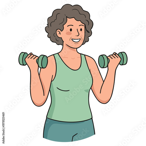 Woman exercising with dumbbells at home wearing green outfit smiling