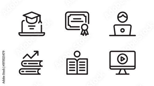 Education and E-Learning Icons, Minimalist Academic Symbols for Online Courses, University Graduation, and Student Training