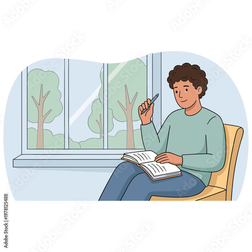 A young man sits on a chair reading a book by the window with trees outside.