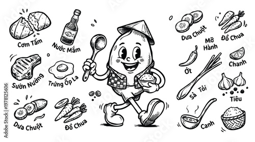 Vintage 1930s Retro Mascot Com Tam Vietnamese Broken Rice Illustration Set