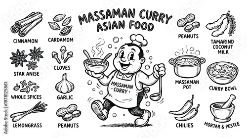 Vintage 1930s Retro Mascot Massaman Curry Thai Food Illustration Set