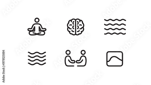 Mindfulness Meditation Brainwave Symbols, Minimalist Mental Health Icons for Wellness, Zen Therapy, and Psychological Calm Concepts