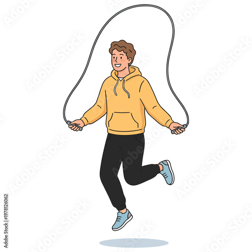 A man jumps rope with a smile in a casual outdoor setting.