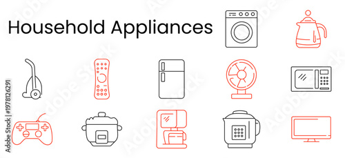 Household appliances set icon. Vacuum, remote, refrigerator, washing machine, fan, microwave, gamepad, multicooker, coffee machine, pressure cooker, television, home comfort, kitchen tech