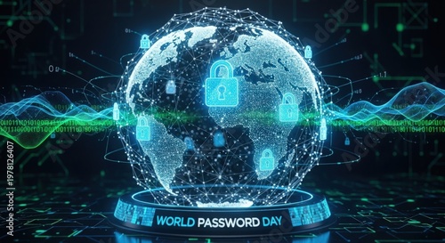 Digital globe with glowing locks and binary code celebrating World Password Day technology security