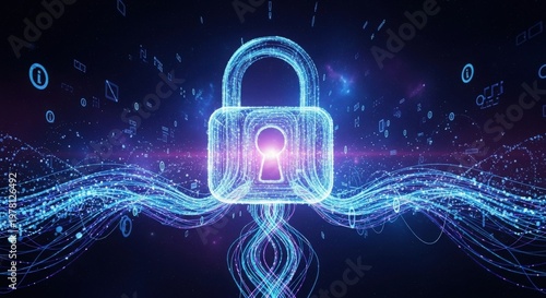 Glowing digital padlock with flowing data streams and binary code digital security technology
