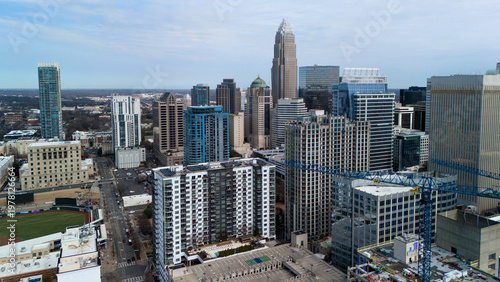 Foto Drone view of Charlotte NC downtown skyline with high rise buildings