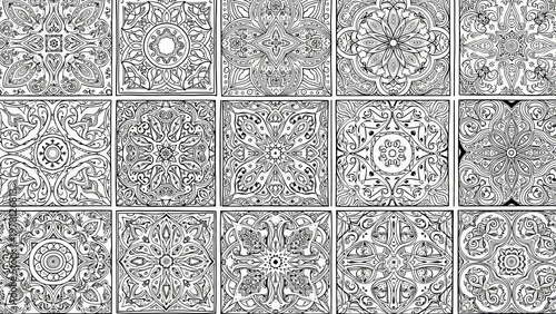 Decorative floral mandala tiles arranged in a repeated grid pattern design