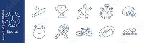 Sports activity competition set icon. Ball bat trophy runner stopwatch helmet kettlebell racket bicycle football swimmer depict game training athletic.