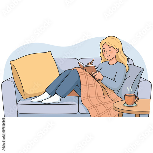 Woman sitting on sofa reading book with coffee nearby indoors